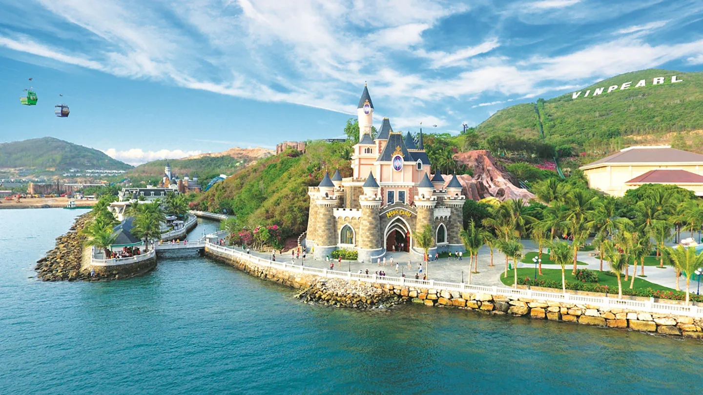 Vinpearl Nha Trang castle by the sea with cable cars, tropical landscape and blue ocean in Vietnam by Star Tour.