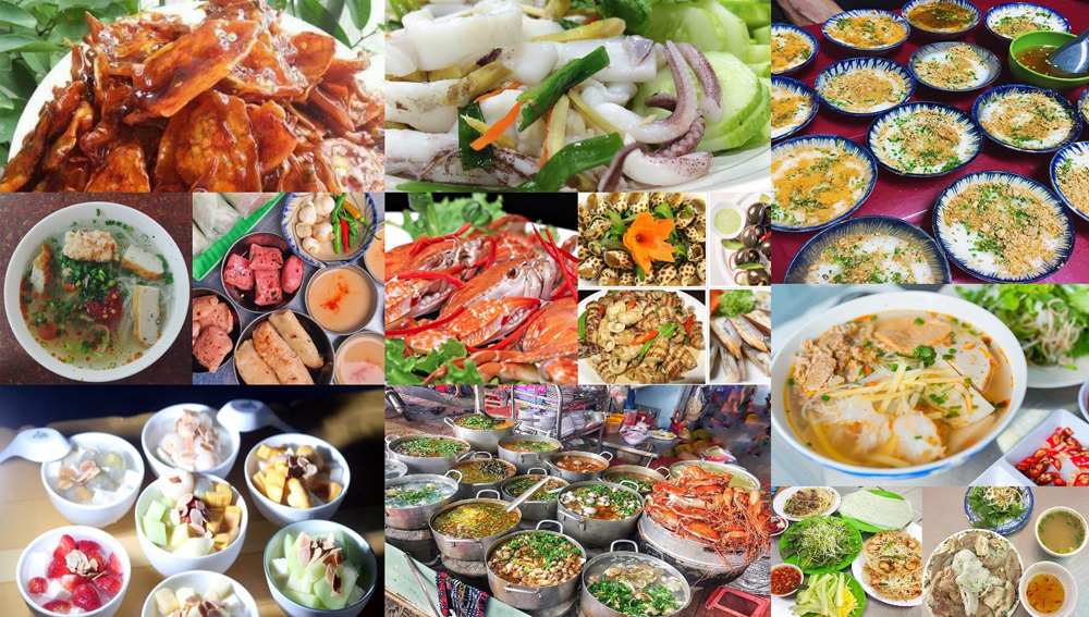 A collage of Quy Nhon street food featuring local seafood dishes, Vietnamese snacks, soups, grilled dishes, and traditional coastal cuisine.