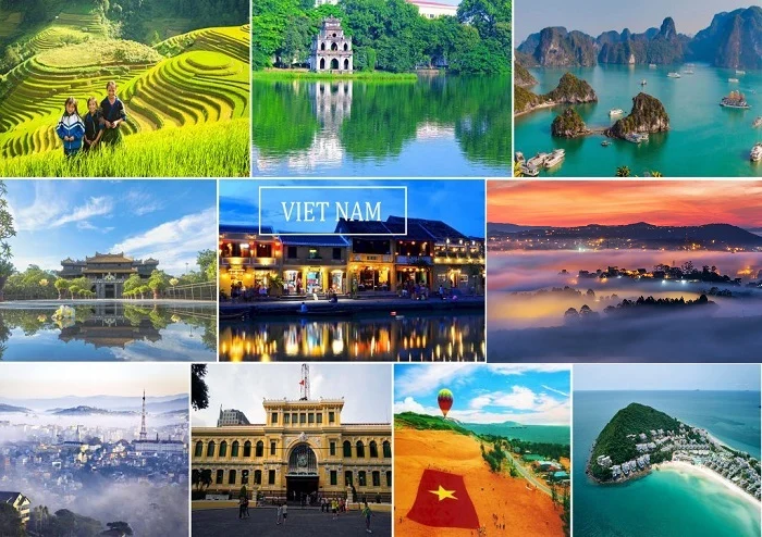 Vietnam famous destinations collage including Ha Long Bay, Hoi An, Hanoi, Sapa rice terraces, Da Nang, Hue and Phu Quoc by Star Tour Vietnam.