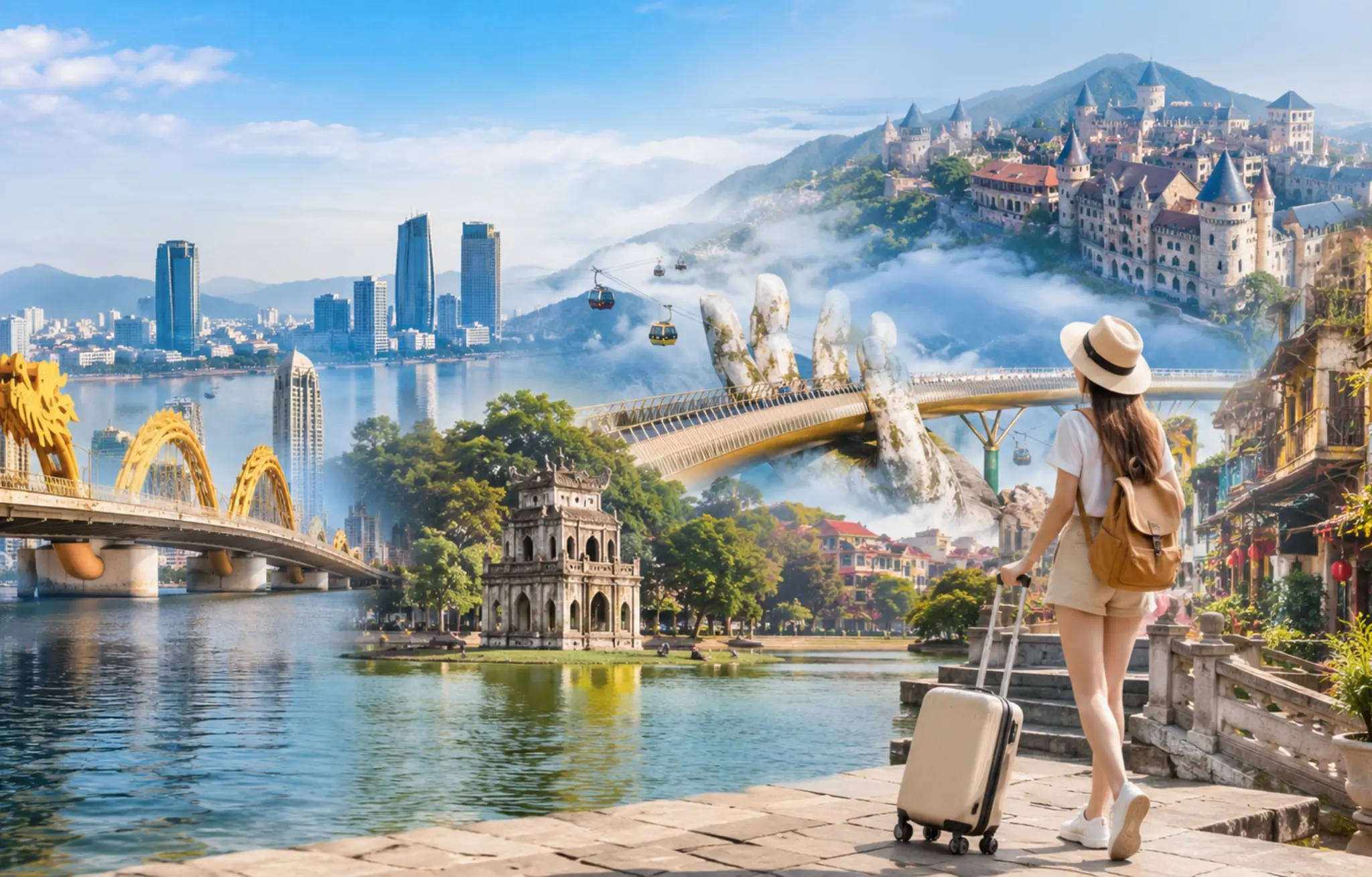 Travel collage of Vietnam featuring Dragon Bridge in Da Nang, Hoan Kiem Lake in Hanoi, Golden Bridge at Ba Na Hills, Hoi An Ancient Town, and a traveler with suitcase with StarTour