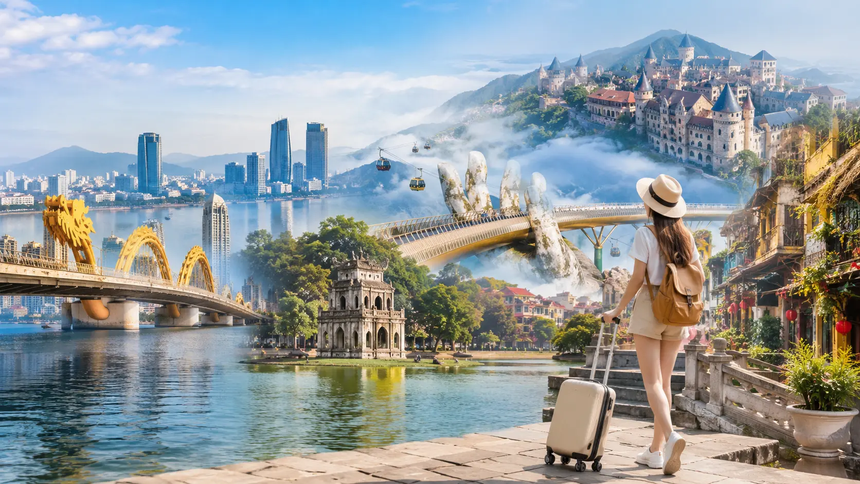 Travel collage of Vietnam featuring Dragon Bridge in Da Nang, Hoan Kiem Lake in Hanoi, Golden Bridge at Ba Na Hills, Hoi An Ancient Town, and a traveler with suitcase with StarTour
