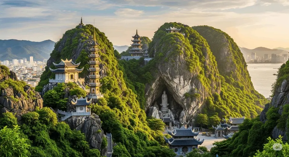 Da Nang travel destination featuring the stunning Marble Mountains with ancient pagodas and a large Buddha statue inside a limestone cave