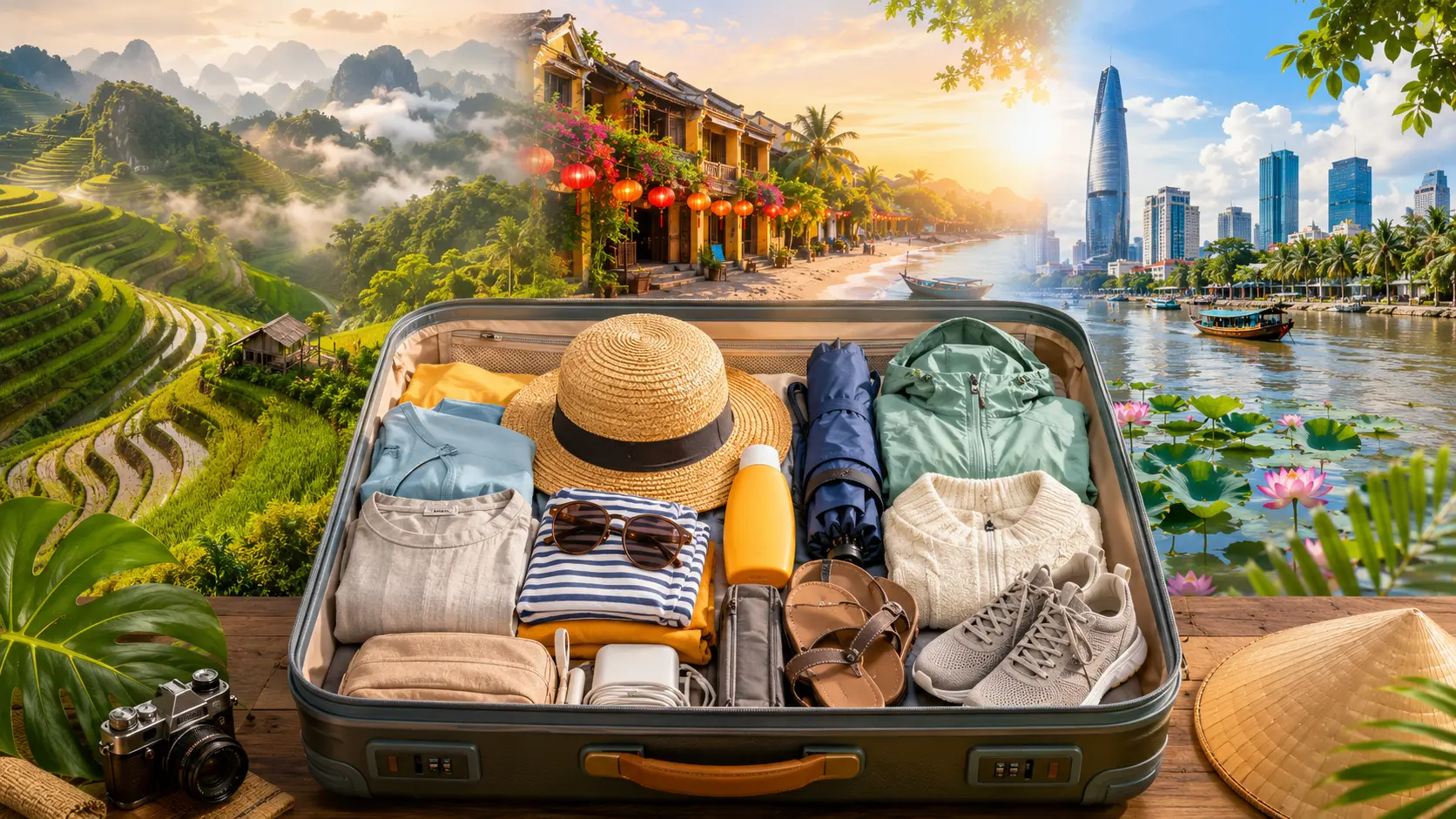 An open suitcase packed with travel essentials, including clothing, a hat, sunglasses, shoes, and accessories, set against iconic Vietnam destinations such as Sapa rice terraces, Hoi An Ancient Town, and Ho Chi Minh City skyline.