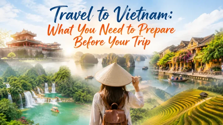 Travel to Vietnam guide featuring Ha Long Bay, Hoi An Ancient Town, Hue Imperial City, Ban Gioc Waterfall, and Sapa rice terraces with essential travel preparation tips before visiting Vietnam.