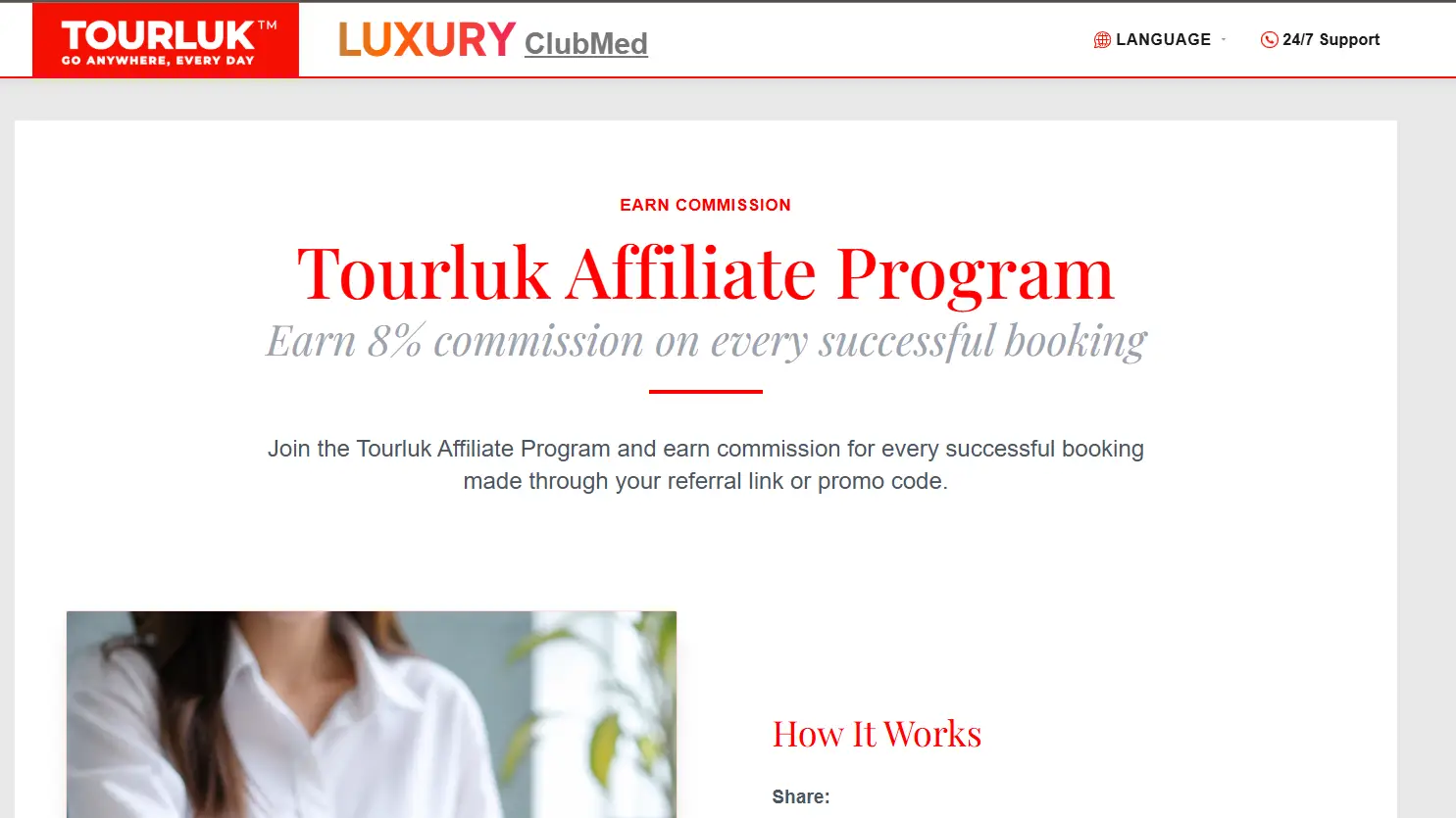 Tourluk Affiliate Program overview page offering 8 percent commission on every successful booking