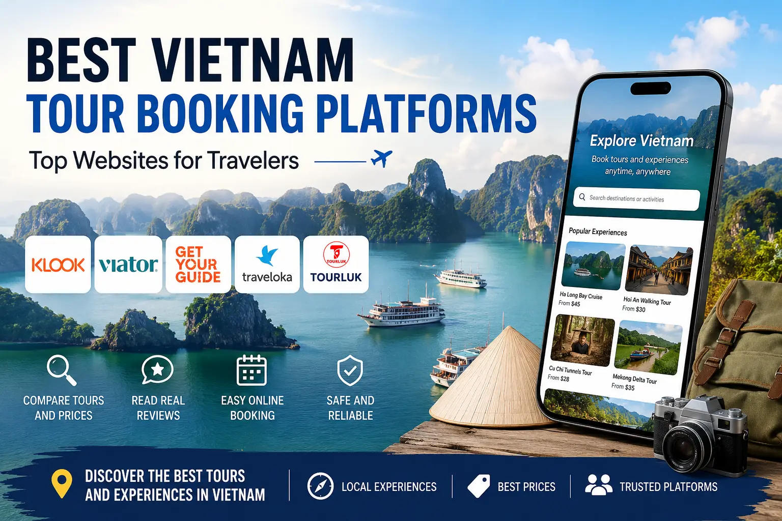 Infographic showcasing the best Vietnam tour booking platforms including Klook, Viator, GetYourGuide, Traveloka, and Tourluk, presented by startour.