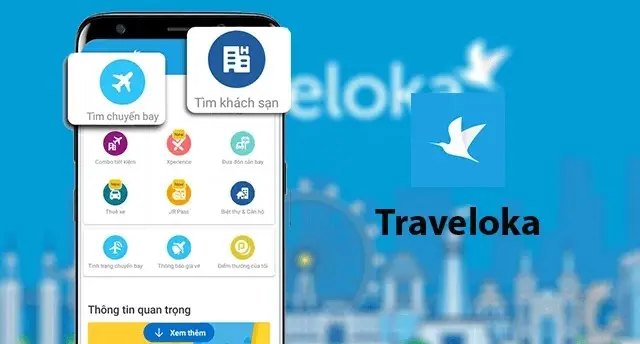 Traveloka mobile app interface displaying flight and hotel search options on a smartphone, representing the best Vietnam tour booking platforms by startour.