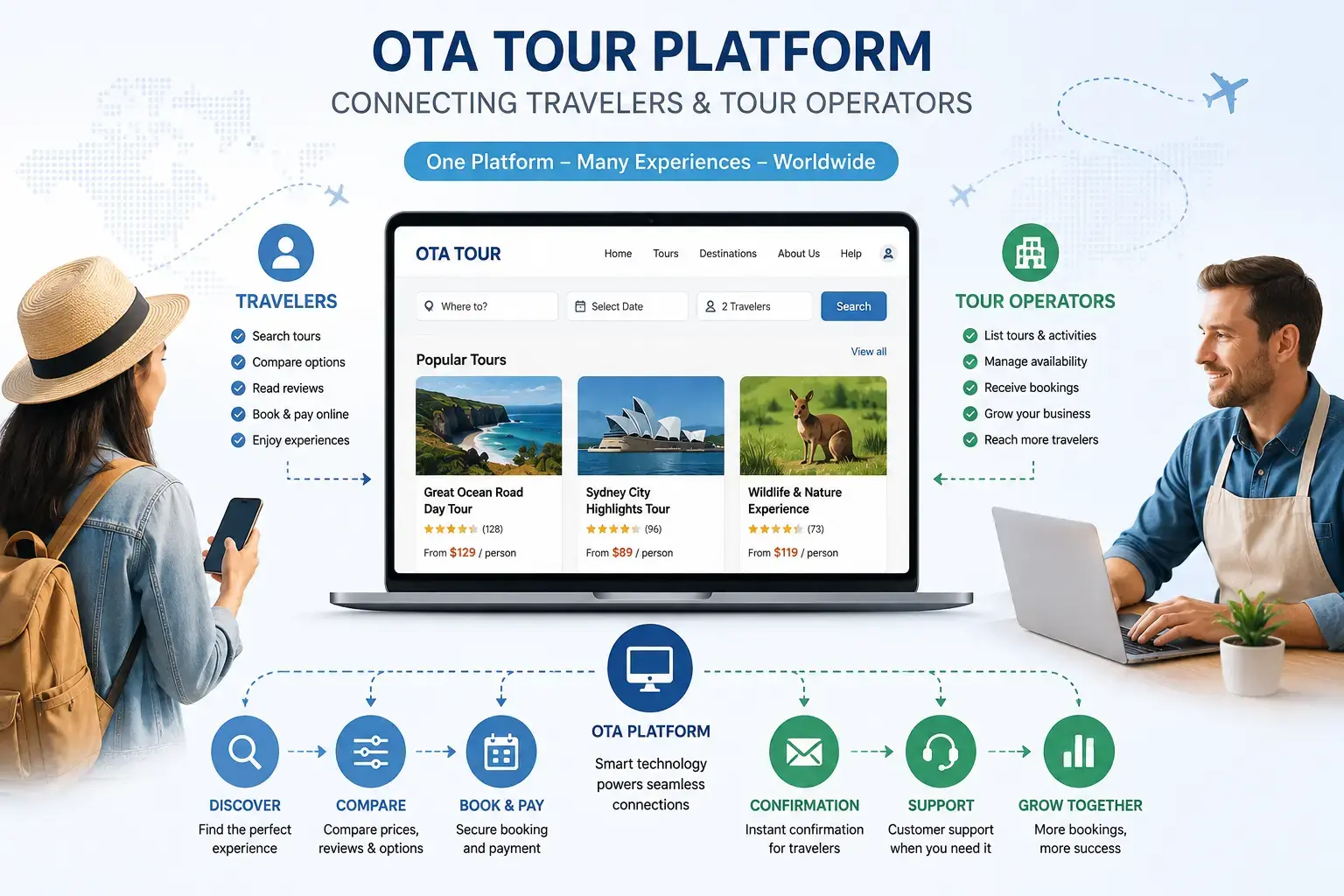 Infographic showing an online travel platform connecting a female traveler holding a smartphone with a male tour operator working on a laptop, presented by startour.