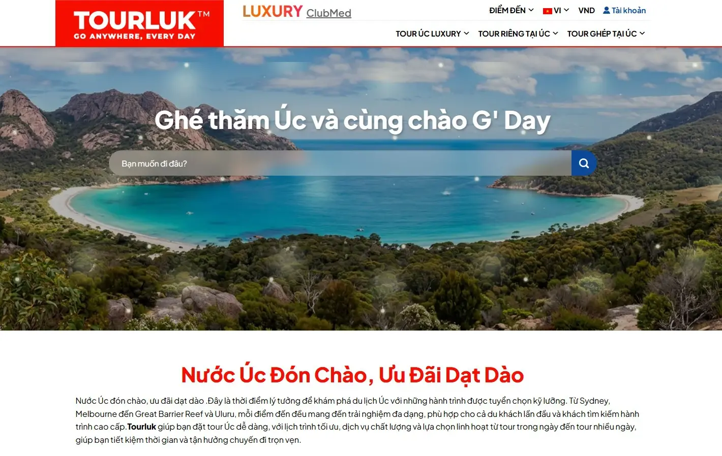Website homepage screenshot of Tourluk travel marketplace showcasing Australia tour packages explaining how does an OTA tour work by startour.