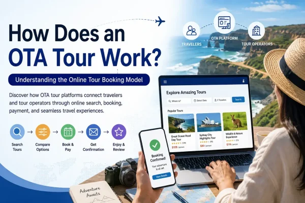A traveler booking online experiences on a laptop outdoors while holding a phone displaying booking confirmation, presented by starTOUR.