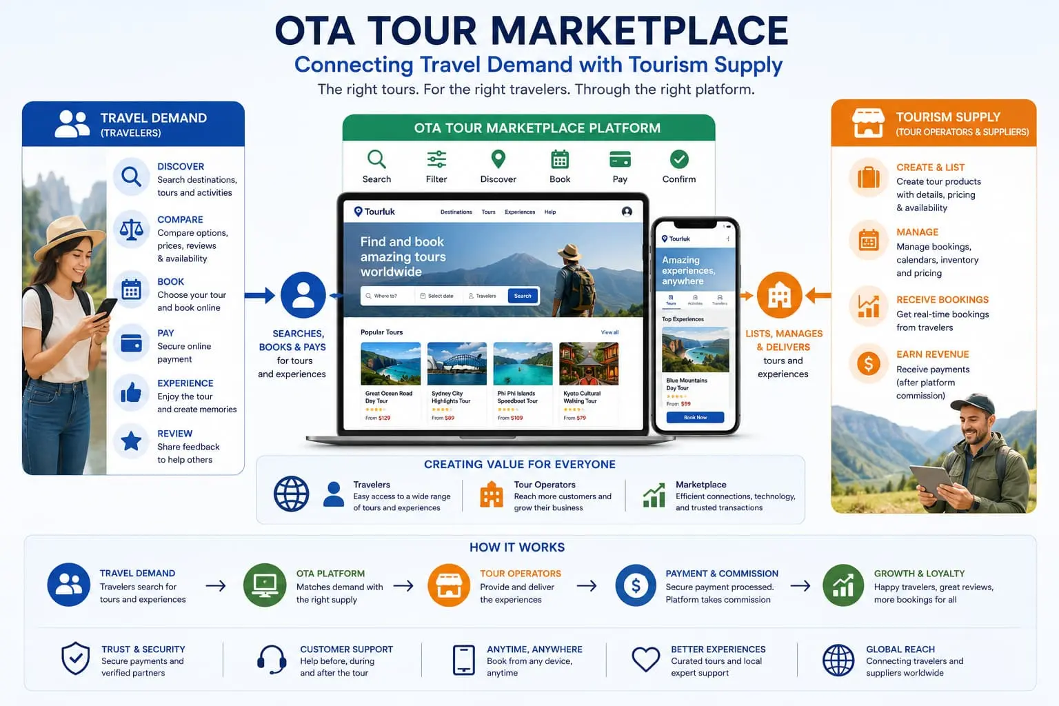 Marketplace diagram explaining how does an OTA tour work by connecting travel demand with tourism supply through an online platform by startour.