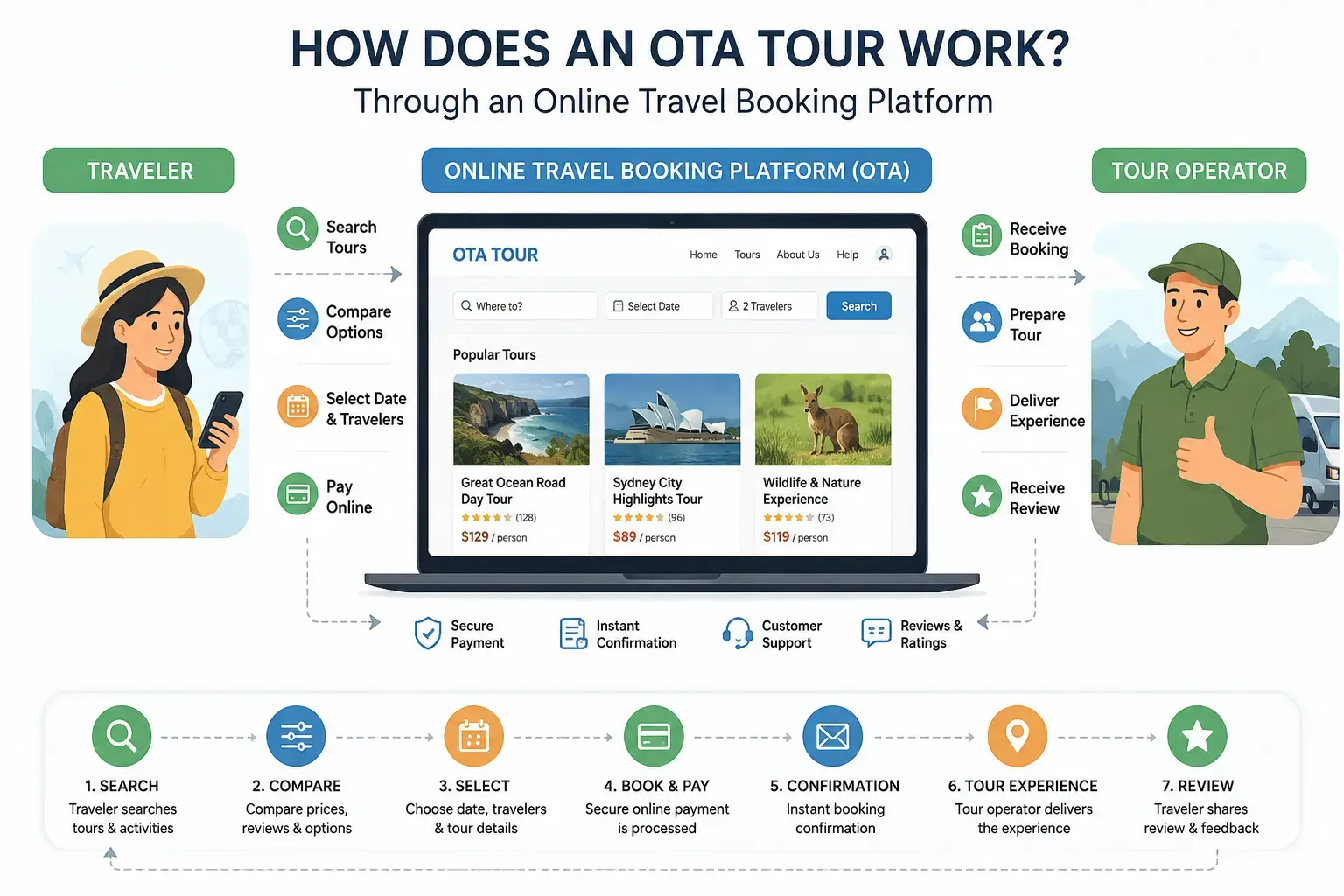 Infographic diagram illustrating how an online travel booking platform connects travelers with local tour operators, presented by startour.
