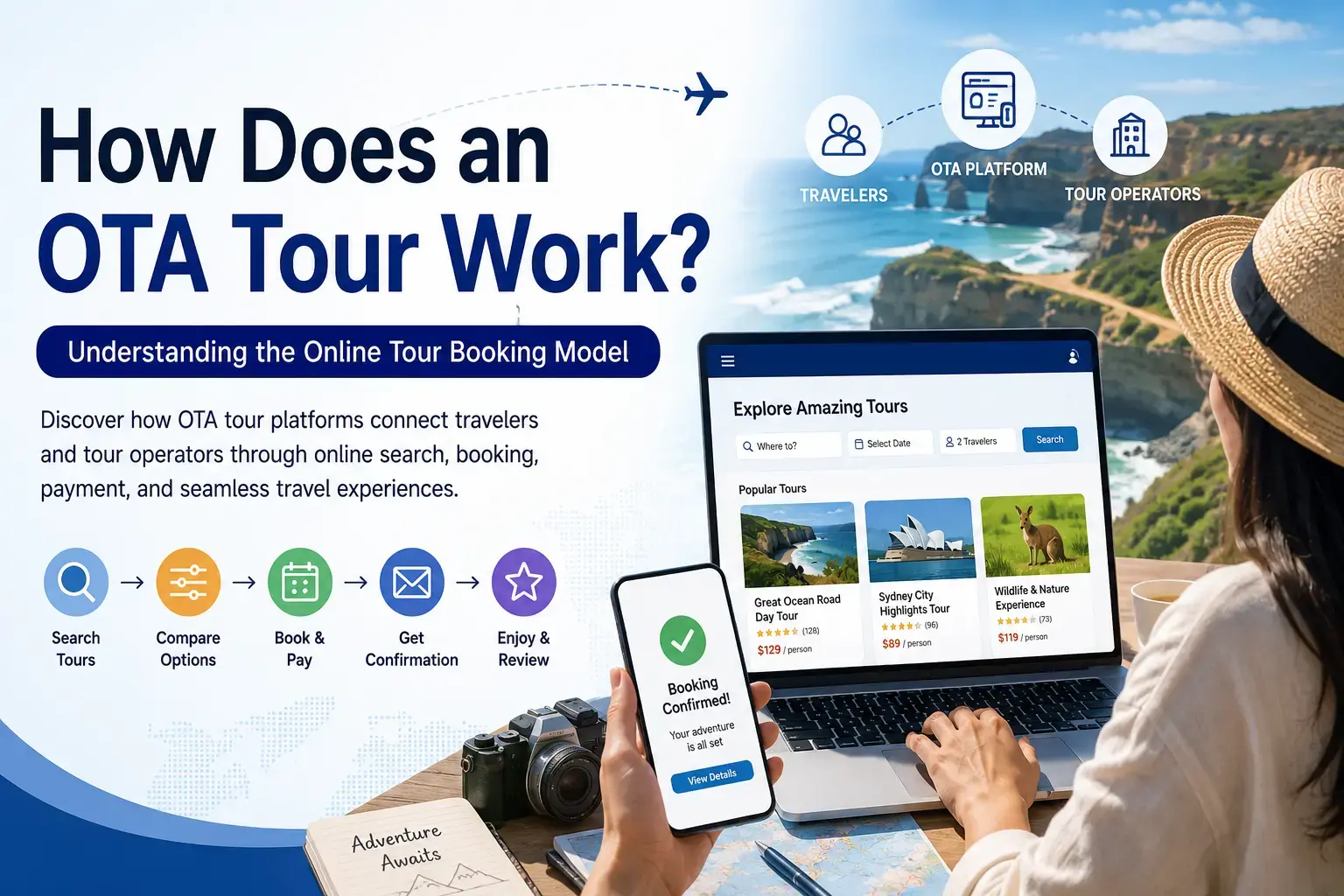 A traveler booking online experiences on a laptop outdoors while holding a phone displaying booking confirmation, presented by startour.