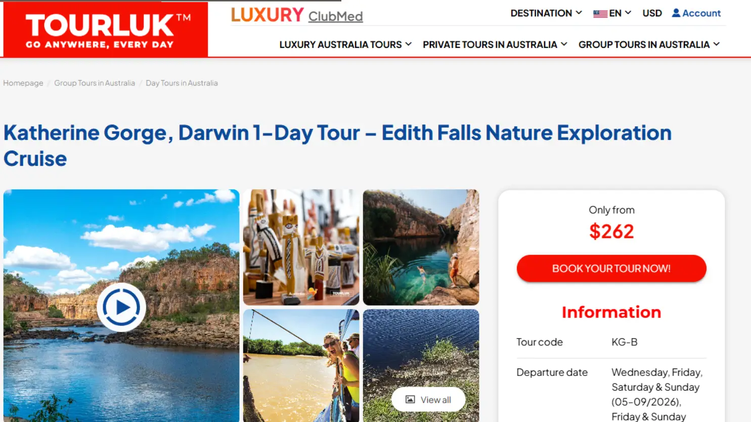 Katherine Gorge and Edith Falls Darwin 1-Day Tour booking page on Tourluk platform.