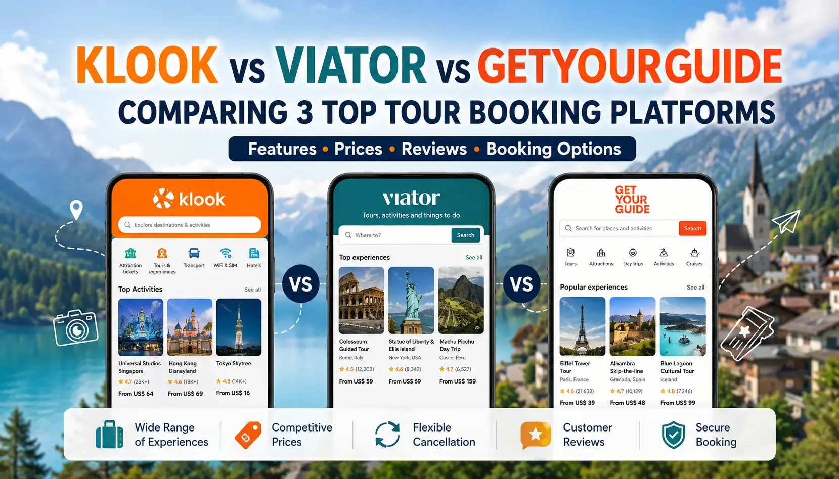Comparative infographic detailing Klook vs Viator vs GetYourGuide app features, pricing, reviews, and booking options by starTOUR.