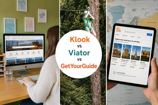 Three-panel image comparing Klook vs Viator vs GetYourGuide online travel agencies showing desktop browsing, outdoor ziplining, and tablet booking by starTOUR.