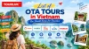 An infographic by Startour showcasing a List of OTA tours in Vietnam with popular travel agents like Klook, Viator, GetYourGuide, iVIVU, and Tourluk. A female traveler with a backpack looks out over a beautiful bay with karsts and boats. The graphic includes city signposts (Hanoi, Ha Long Bay, Hoi An, Da Nang, Ho Chi Minh City) and photo cards (Hanoi, Ninh Binh, Hoi An).