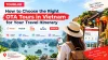 A female traveler looking at Ha Long Bay while choosing the right OTA tours in Vietnam on a smartphone, featuring logos for Klook, Viator, GetYourGuide, iVIVU, and Tourluk in a startour guide.