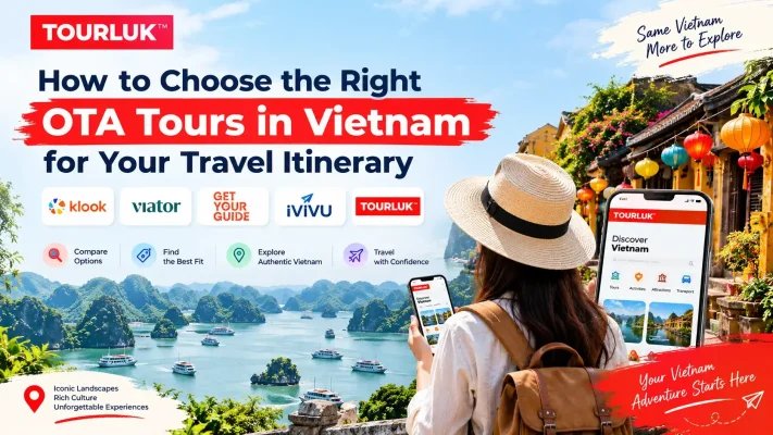 A female traveler looking at Ha Long Bay while choosing the right OTA tours in Vietnam on a smartphone, featuring logos for Klook, Viator, GetYourGuide, iVIVU, and Tourluk in a startour guide.