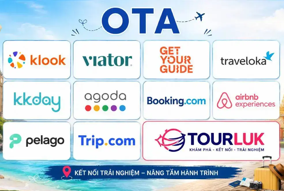 A grid banner displaying logos of leading Online Travel Agencies including Klook, Viator, Traveloka, Agoda, Booking.com, and Tourluk, presented by starTOUR.