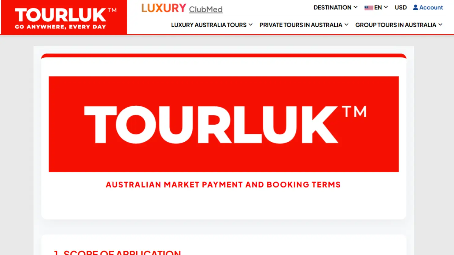 Tourluk official Australian market payment and booking terms policy banner on website.