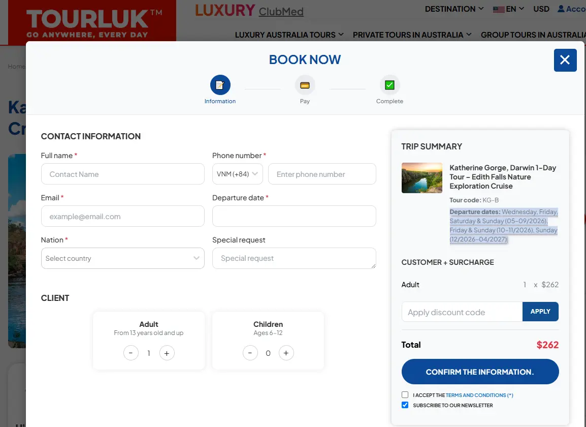Tourluk online booking checkout popup displaying contact form and trip summary for Katherine Gorge tour