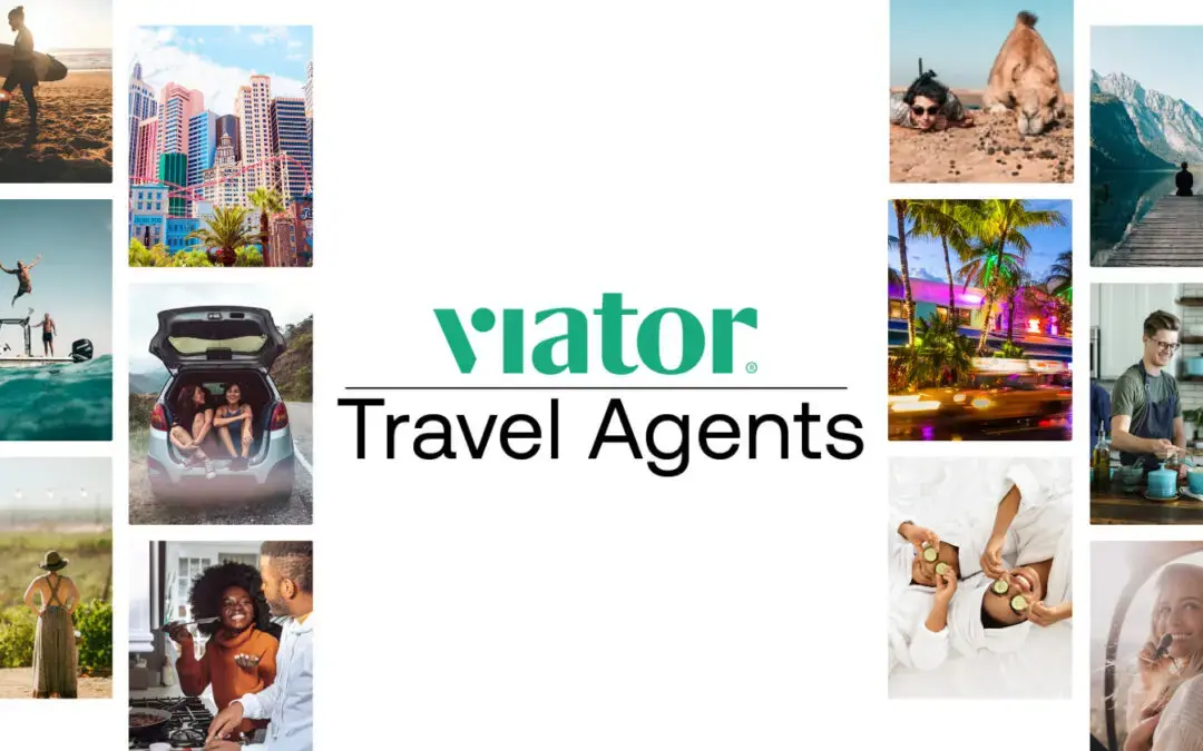 Viator Travel Agents platform overview featuring a photo collage of global travel experiences, presented by startour.