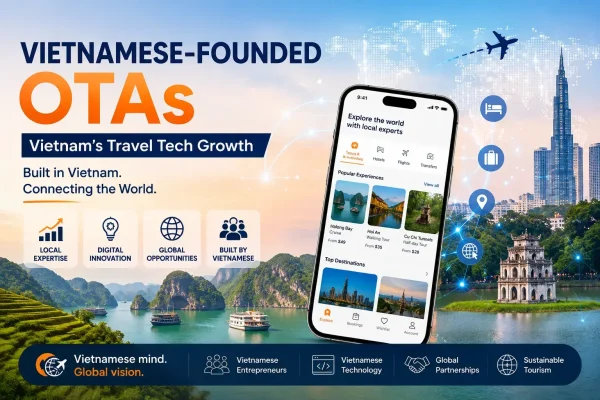 Vietnamese-Founded OTAs infographic by startour showcasing Vietnam's travel tech growth, connecting global experiences with local expertise, digital innovation, and sustainable tourism.