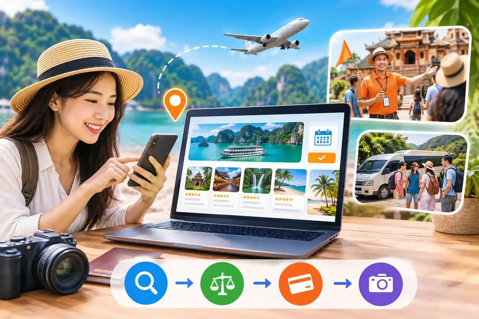 A smiling young female traveler using her smartphone and laptop to search, compare, and book vacation tours online, presented by starTOUR.
