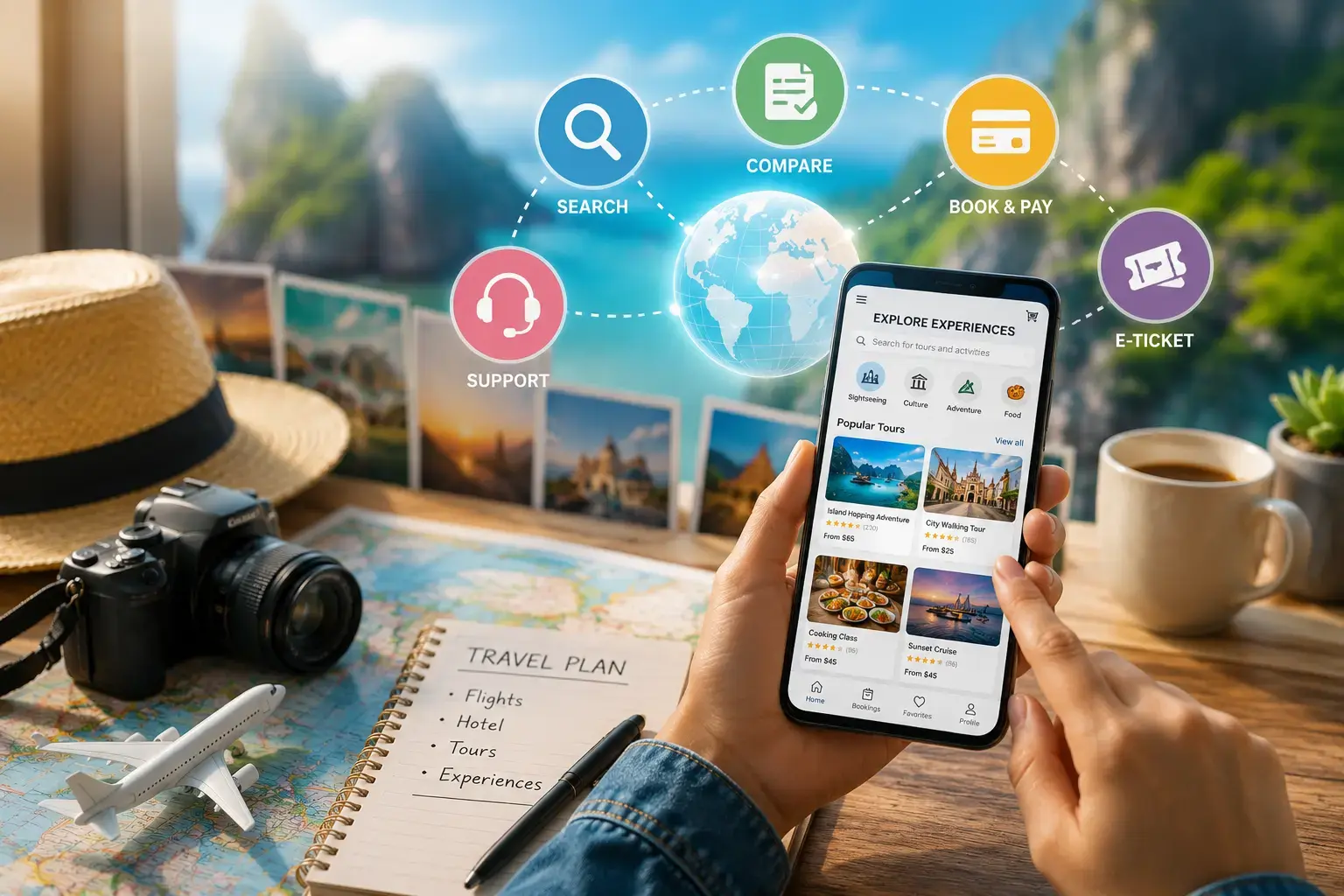 A traveler holding a mobile device with travel booking icons around a globe, illustrating what is OTA tour booking with starTOUR.