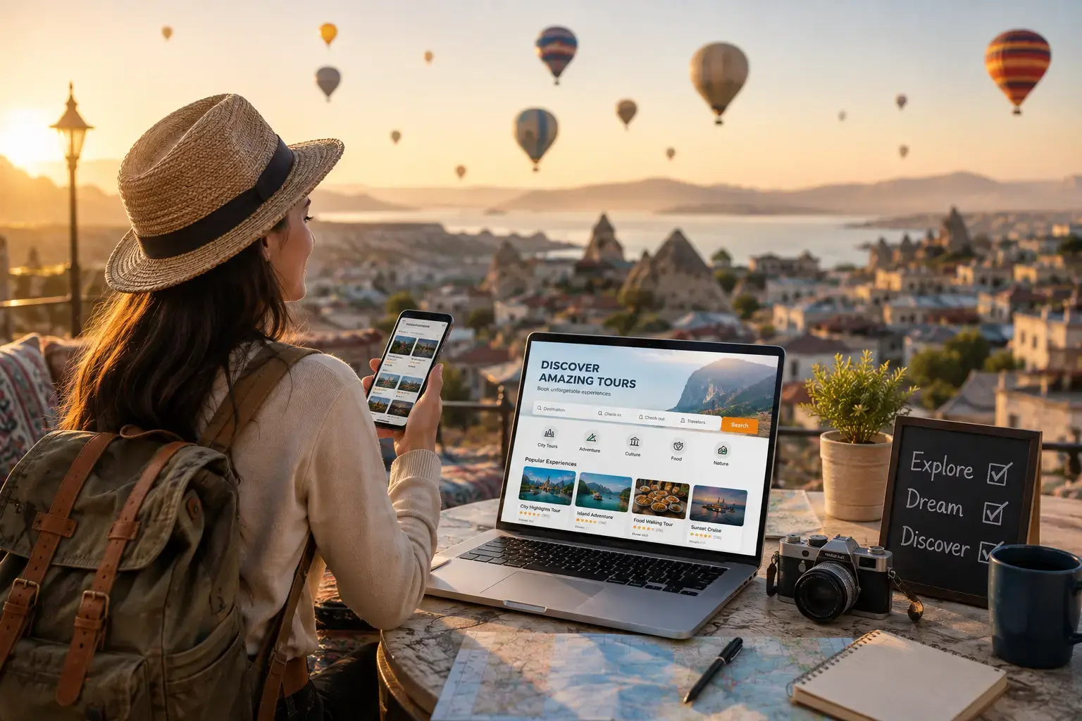 A female traveler wearing a straw hat and backpack sitting at an outdoor table with a laptop and smartphone, looking out at hot air balloons floating over Cappadocia, presented by starTOUR.