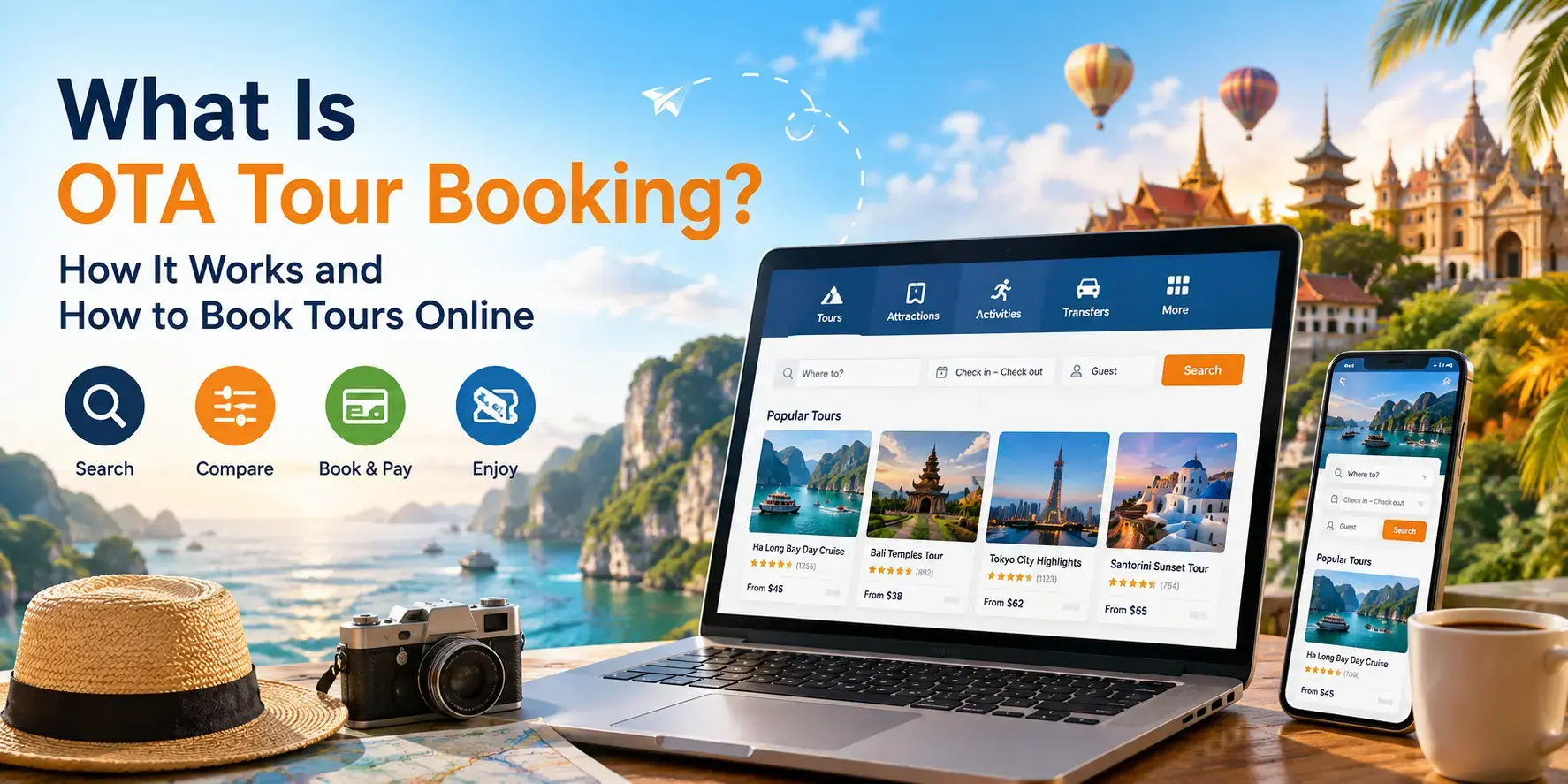 A laptop and smartphone displaying an online travel agency booking interface on a wooden table with a camera and straw hat, presented by starTOUR.