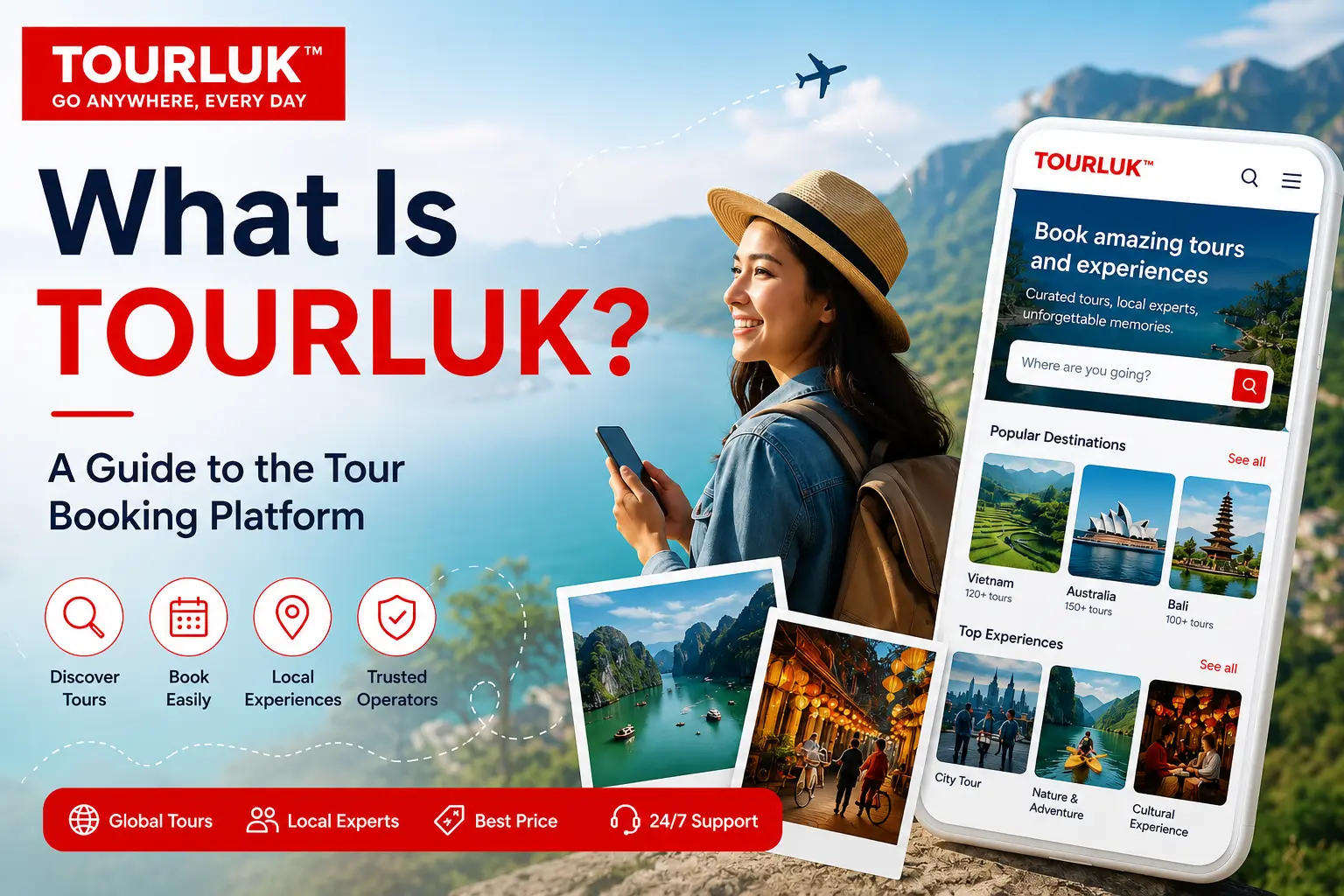 Promotional infographic explaining what is Tourluk tour booking platform with mobile app mockup, traveler photos, and core features by startour.